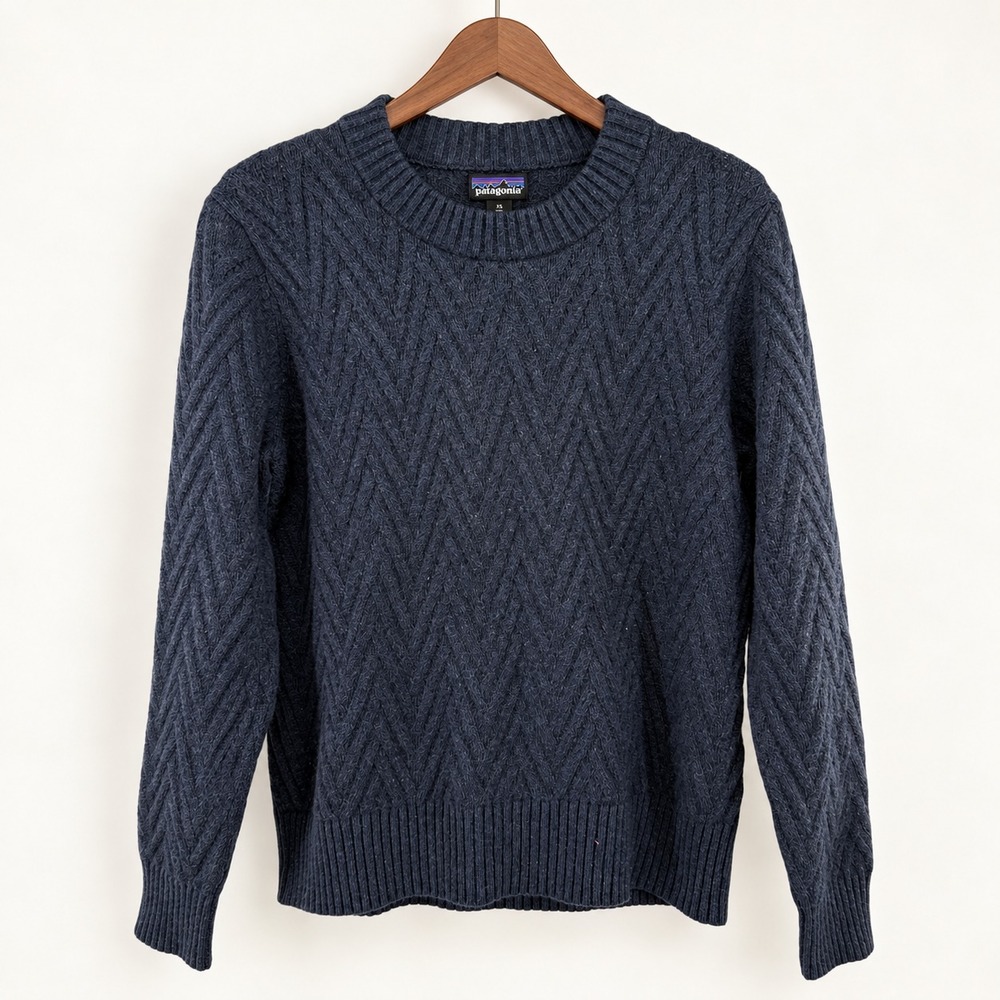Patagonia Recycled Wool Blend Crewneck Sweater Womens XS Blue Chevron Knit NWT